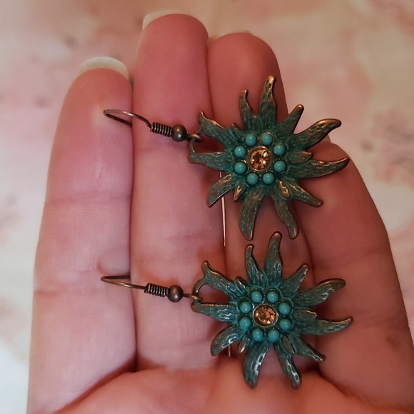 Turquoise Flower Earrings Sun Earrings Tarnish Boho Nature - Picture 3 of 9